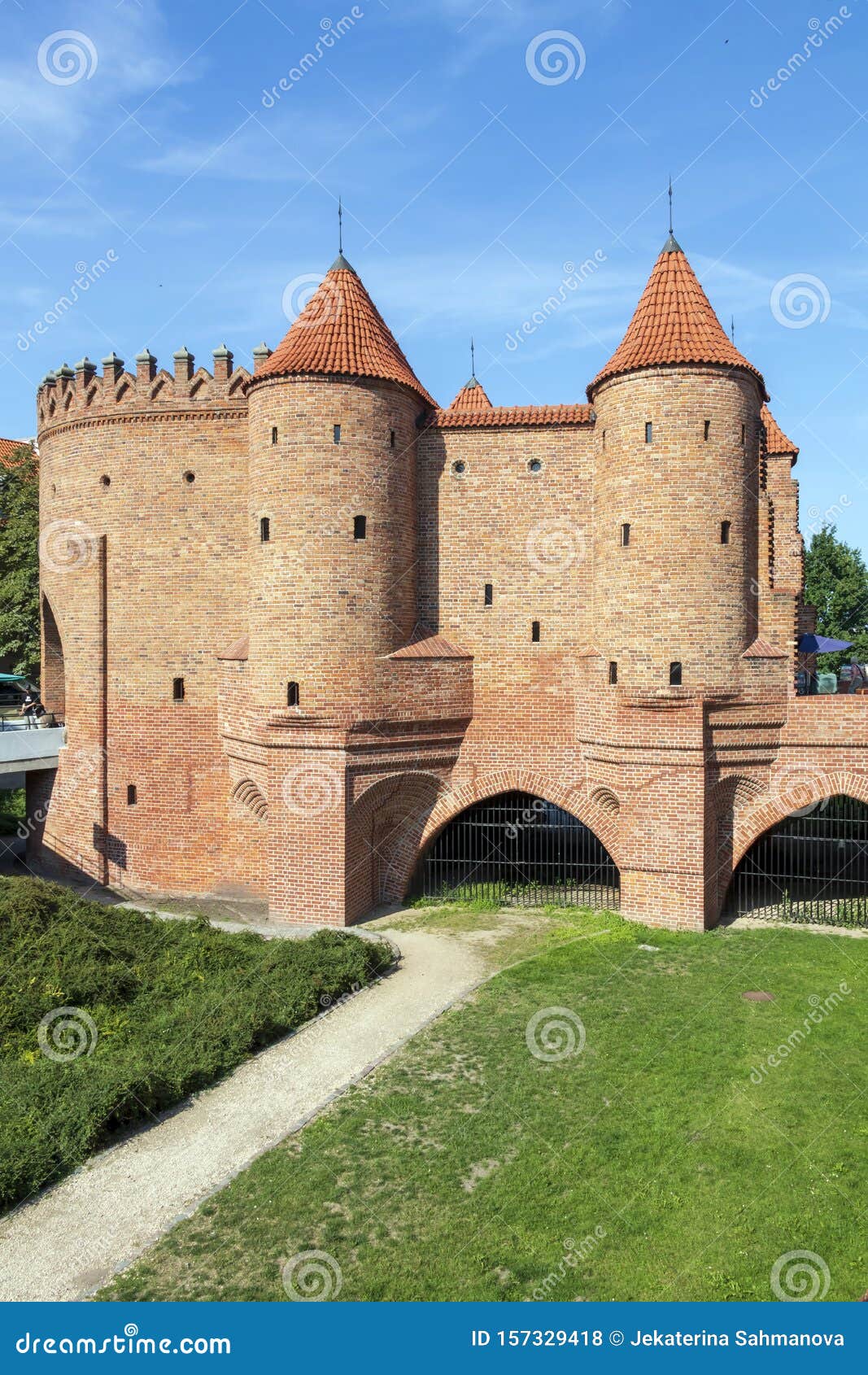 the barbican and city walls in old town of warsaw, poland